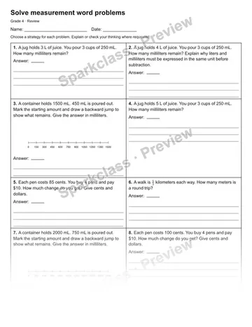 Solve measurement word problems — Review — Grade 4 worksheet preview
