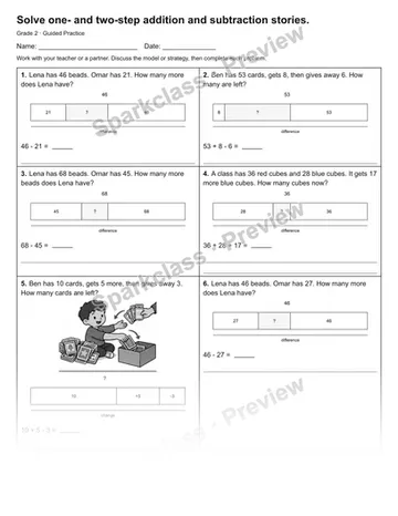 Solve one- and two-step addition and subtraction stories. — Guided Practice — Grade 2 worksheet preview