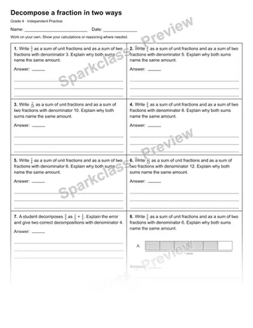 Decompose a fraction in two ways — Independent Practice — Grade 4 worksheet preview