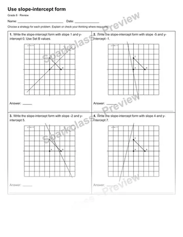 Use slope-intercept form — Review — Grade 8 worksheet preview