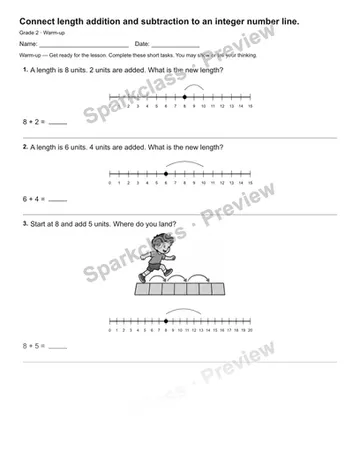 Connect length addition and subtraction to an integer number line. — Warm-up — Grade 2 worksheet preview
