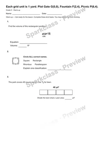 Each grid unit is 1 yard. Plot Gate G(0,0), Fountain F(2,4), Picnic P(6,4). — Warm-up — Grade 5 worksheet preview