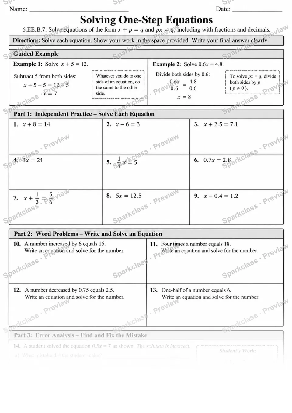 7 One Step Equations Independent 3 — page 1