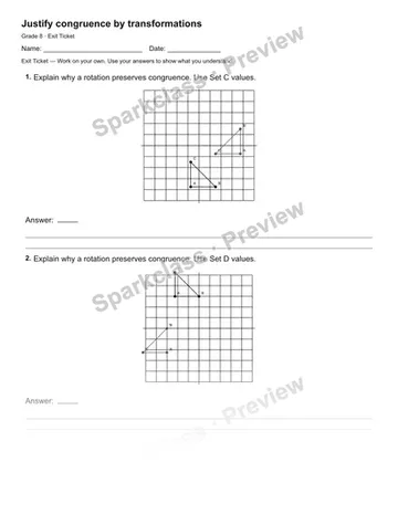 Justify congruence by transformations — Exit Ticket — Grade 8 worksheet preview