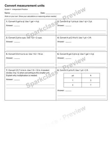Convert measurement units — Independent Practice — Grade 4 worksheet preview