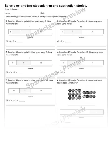 Solve one- and two-step addition and subtraction stories. — Review — Grade 2 worksheet preview