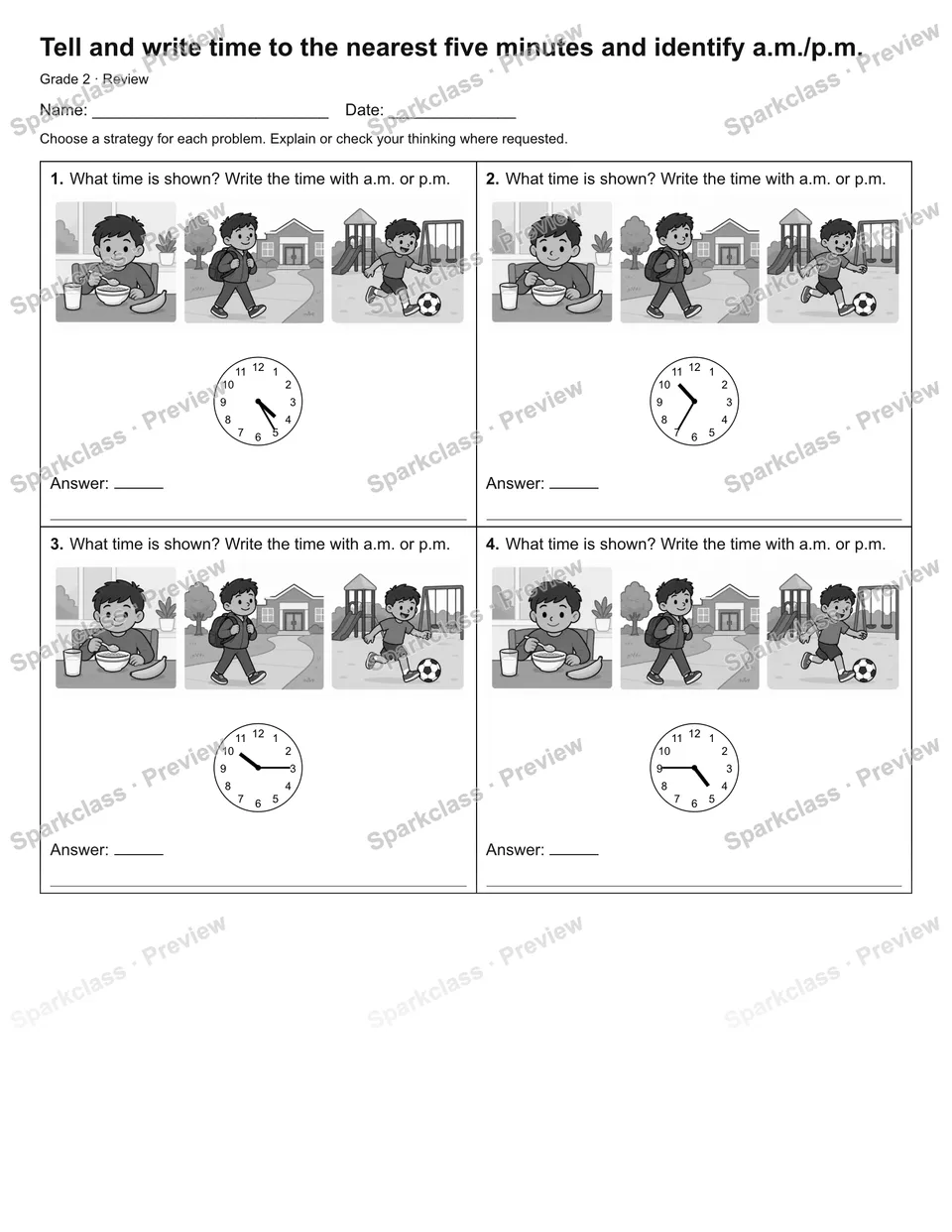 Tell and write time to the nearest five minutes and identify a.m./p.m. — Review — page 1
