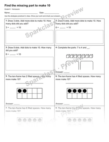 Find the missing part to make 10 — Homework — Kindergarten worksheet preview