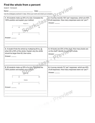 Find the whole from a percent — Homework — Grade 6 worksheet preview