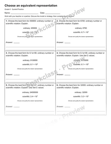 Choose an equivalent representation — Guided Practice — Grade 8 worksheet preview