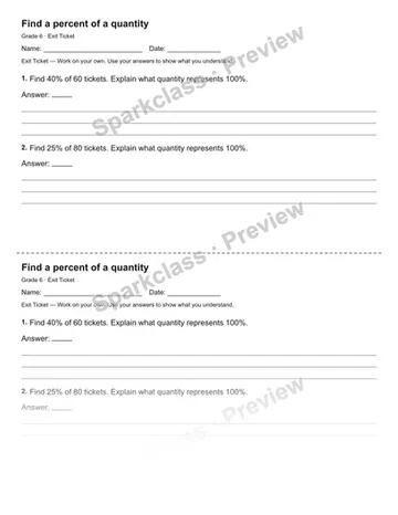 Find a percent of a quantity — Exit Ticket — Grade 6 worksheet preview