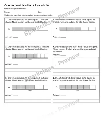 Connect unit fractions to a whole — Independent Practice — Grade 4 worksheet preview