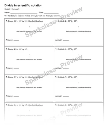 Divide in scientific notation — Homework — Grade 8 worksheet preview