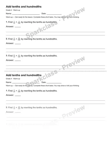 Add tenths and hundredths — Warm-up — Grade 4 worksheet preview