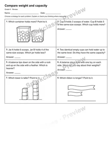 Compare weight and capacity — Review — Kindergarten worksheet preview