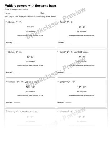 Multiply powers with the same base — Independent Practice — Grade 8 worksheet preview