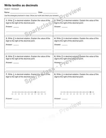 Write tenths as decimals — Homework — Grade 4 worksheet preview
