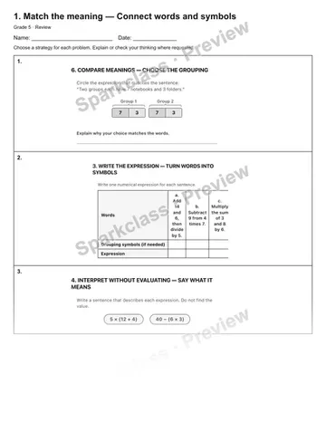 1. Match the meaning — Connect words and symbols — Review — Grade 5 worksheet preview