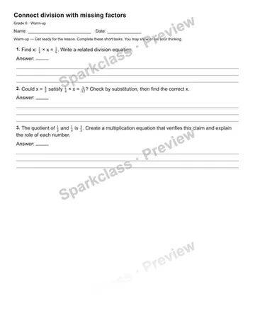 Connect division with missing factors — Warm-up — Grade 6 worksheet preview