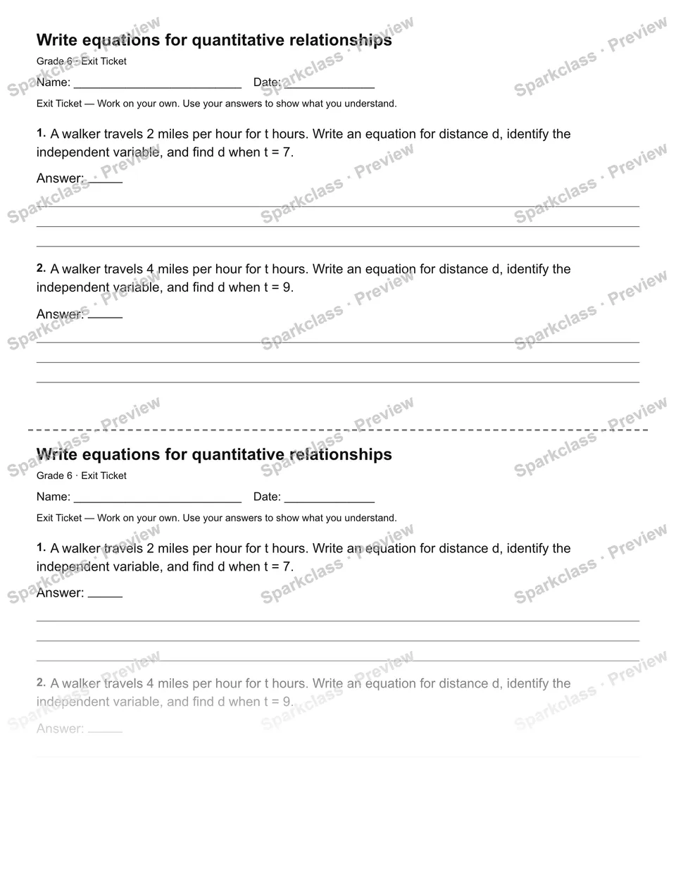 Write equations for quantitative relationships — Exit Ticket — page 1