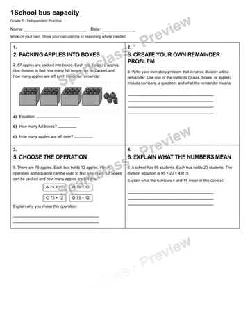 1School bus capacity — Independent Practice — Grade 5 worksheet preview