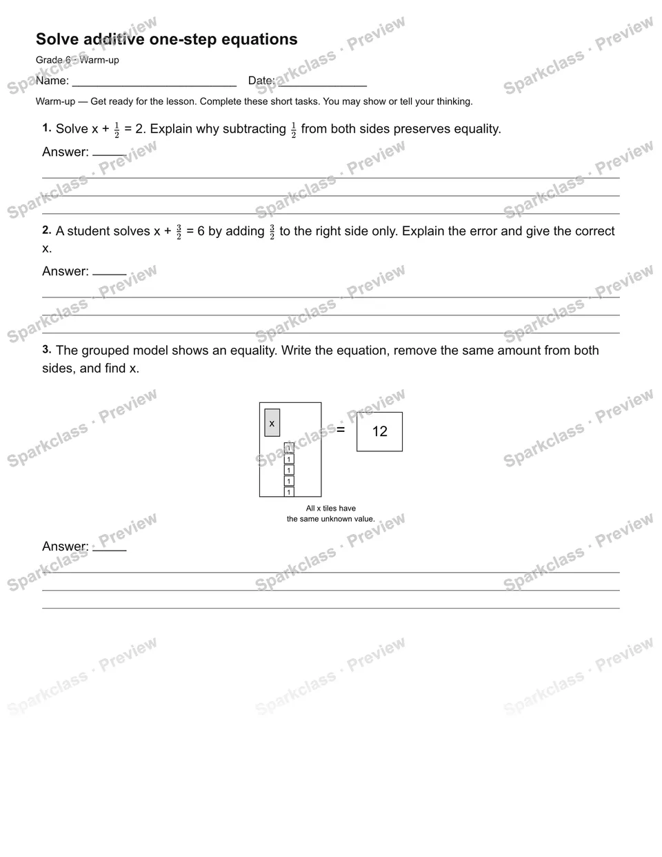 Solve additive one-step equations — Warm-up — page 1