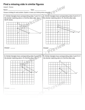 Find a missing side in similar figures — Review — Grade 8 worksheet preview