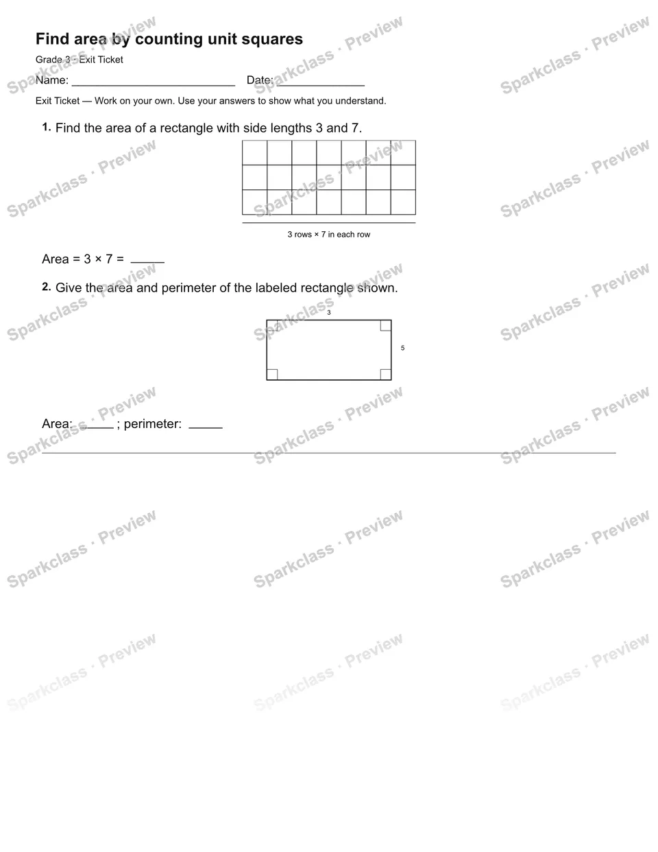 Find area by counting unit squares — Exit Ticket — page 1