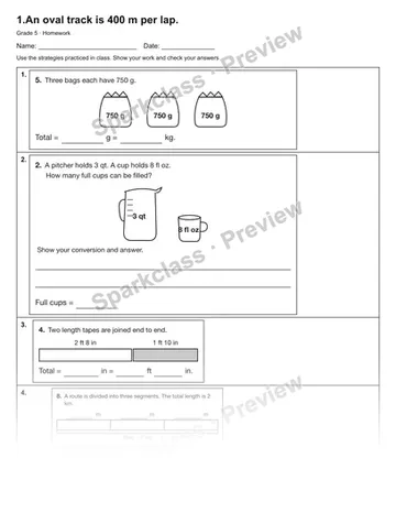 1.An oval track is 400 m per lap. — Homework — Grade 5 worksheet preview