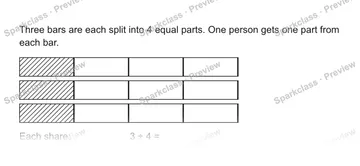 Three bars are each split into 4 equal parts. One person gets one part from each bar. Each share: 3 ÷ 4 = — Grade 5 problem preview