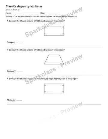 Classify shapes by attributes — Warm-up — Grade 3 worksheet preview