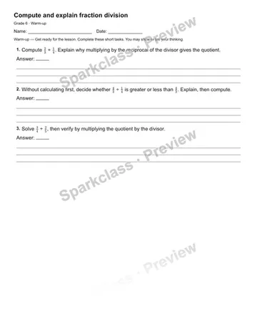 Compute and explain fraction division — Warm-up — Grade 6 worksheet preview