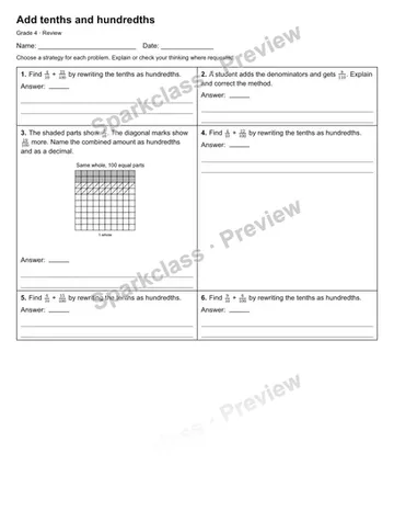 Add tenths and hundredths — Review — Grade 4 worksheet preview