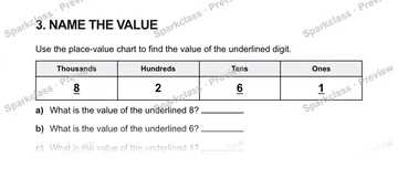 3. NAME THE VALUE Use the place-value chart to find the value of the underlined digit. Thousands Hundreds Tens Ones 8 2 6 1 a) What is the value of the underlined 8? b) What is the — Grade 5 problem preview