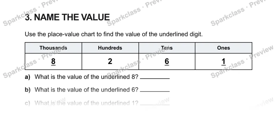 3. NAME THE VALUE Use the place-value chart to find the value of the underlined digit. Thousands Hundreds Tens Ones 8 2 6 1 a) What is the value of the underlined 8? b) What is the — page 1