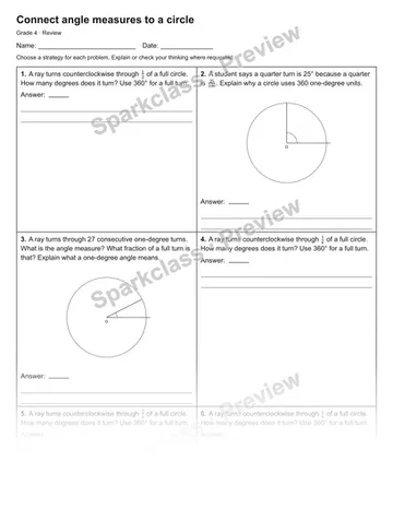 Connect angle measures to a circle — Review — Grade 4 worksheet preview