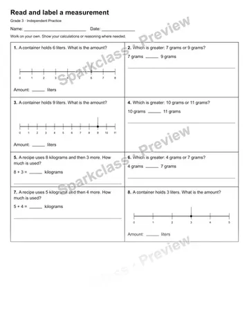 Read and label a measurement — Independent Practice — Grade 3 worksheet preview