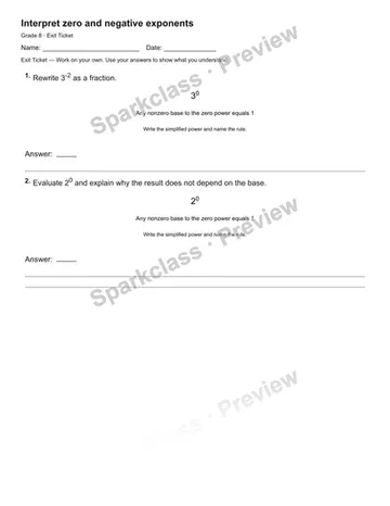 Interpret zero and negative exponents — Exit Ticket — Grade 8 worksheet preview