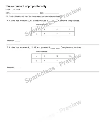 Use a constant of proportionality — Exit Ticket — Grade 7 worksheet preview