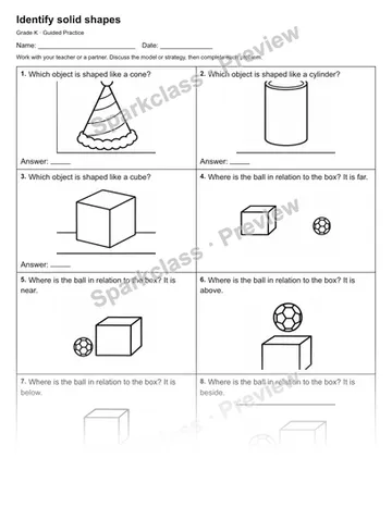Identify solid shapes — Guided Practice — Kindergarten worksheet preview