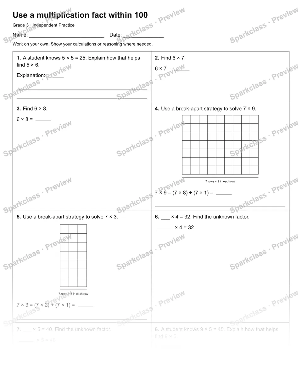 Use a multiplication fact within 100 — Independent Practice — page 1