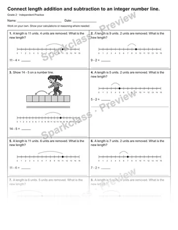 Connect length addition and subtraction to an integer number line. — Independent Practice — Grade 2 worksheet preview