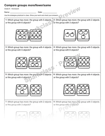 Compare groups more/fewer/same — Homework — Kindergarten worksheet preview