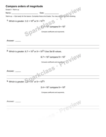 Compare orders of magnitude — Warm-up — Grade 8 worksheet preview