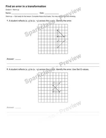 Find an error in a transformation — Warm-up — Grade 8 worksheet preview