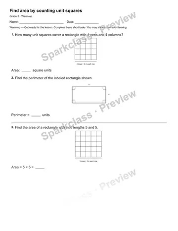 Find area by counting unit squares — Warm-up — Grade 3 worksheet preview