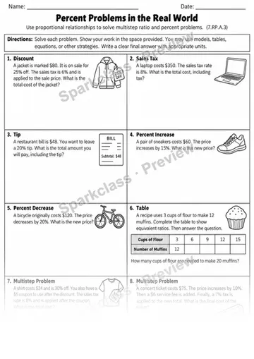 7.RP.A.3 · 3 Multistep Percent Problems — Grade 7 worksheet preview