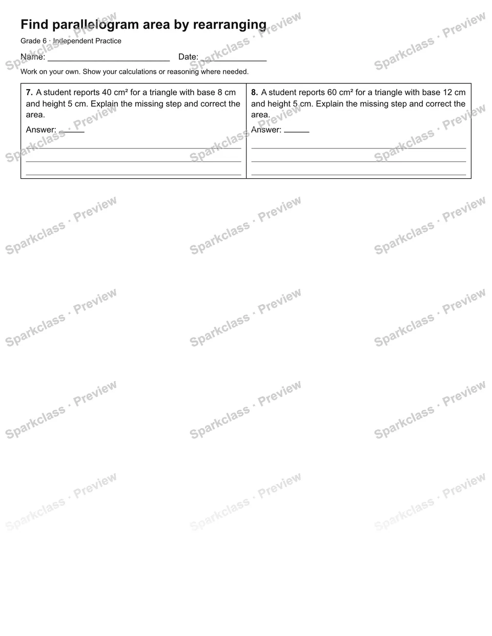 Find parallelogram area by rearranging — Independent Practice — page 2