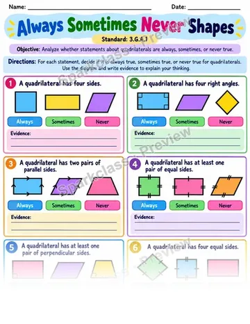 Always Sometimes Never Shapes — Grade 3 worksheet preview