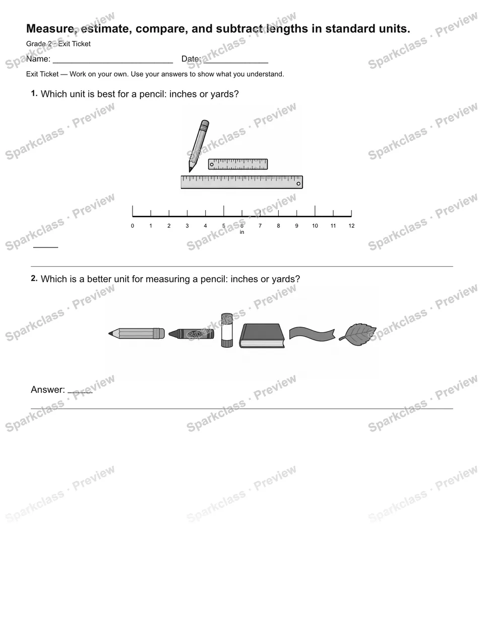 Measure, estimate, compare, and subtract lengths in standard units. — Exit Ticket — page 2
